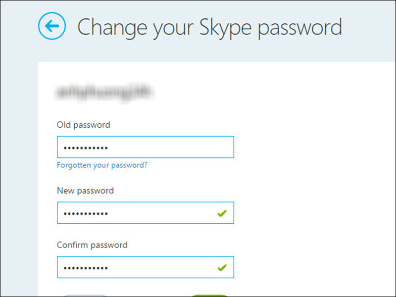 Giao diện thay đổi mật khẩu Skype